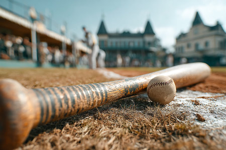 A baseball bat rests on the ground next to a ball while players engage in a game nearby at a local park under a clear blue sky filled with sunshine.の素材