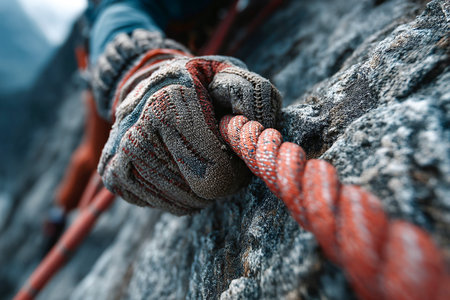 A climber focuses on their grip of a red rope, preparing to secure the carabiner while scaling a rocky cliffside. The scene captures the essence of rock climbing adventure.の素材