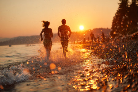 Two people run joyfully along the shoreline as the sun sets, creating a warm glow over the beach and gentle waves splashing at their feet.の素材