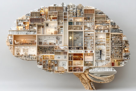 This unique artwork features a brain shaped structure filled with detailed rooms and organized spaces, showing creativity and imagination in a thoughtful design.の素材