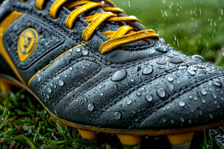 Cleats splash through puddles on wet grass as a soccer player practices in rainy weather, showcasing skill and determination in challenging conditions.の素材