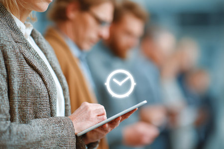 A group of professionals uses digital devices to manage their time efficiently. A clock icon symbolizes their focus on time management strategies in a modern setting.の素材