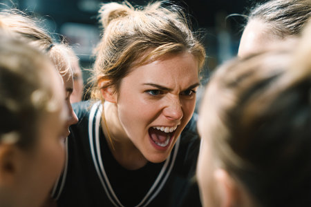 A coach passionately encourages her team during a timeout, sharing strategies and boosting morale. The players listen intently, focused on her inspiring words.の素材