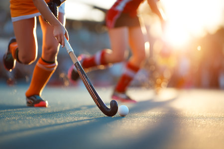 Players are engaged in an intense hockey game, skillfully moving the ball along the field as the sun sets in the background, highlighting their athleticism and teamwork.の素材