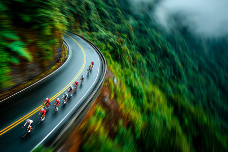 A group of cyclists speeds along a winding road in a lush forest, capturing the thrill of outdoor sports on a misty day. Their motion creates a vibrant blur.の素材