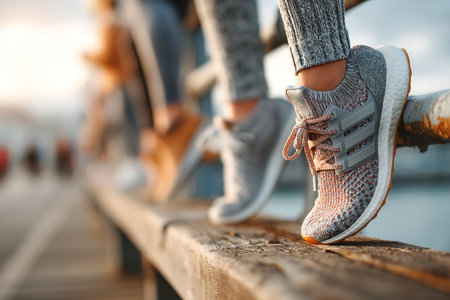 A person stretches their calves close to a wooden fence on a dock. The calming view of the water and sunset creates a peaceful atmosphere for this activity.の素材