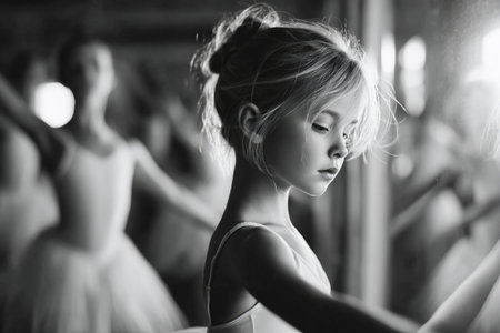 A young ballet dancer practices her moves alone in a studio. She focuses on her technique while a reflection of another dancer is visible in the background.の素材