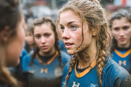 Rugby players gather in a huddle, showing their determination and pride. Dirt covers their faces, signifying the effort and grit in their recent match.の素材