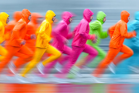 A group of enthusiastic runners in bright, colorful sportswear races through a city street under rainy skies, showcasing energy and determination.の素材