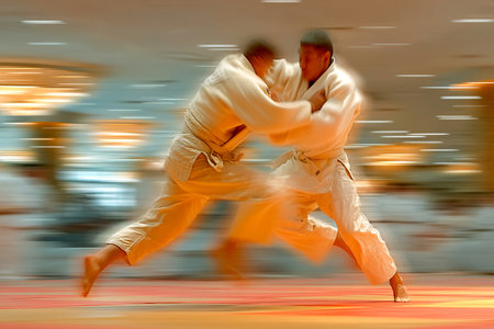 Two fighters are captured mid-throw on dojo mats, showcasing their skill and speed during a training session in an indoor dojo, surrounded by a soft, bright atmosphere.の素材