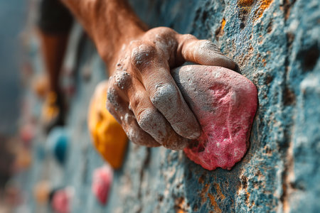 A climber uses a chalked hand to grip a bright pink hold on a textured outdoor bouldering wall under clear skies. The scene captures the thrill of climbing in nature.の素材