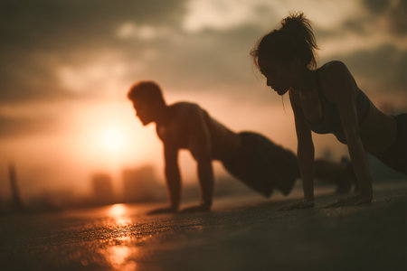 Two friends perform mountain climbers outdoors during sunset, showcasing their dedication to fitness against a beautiful skyline.の素材
