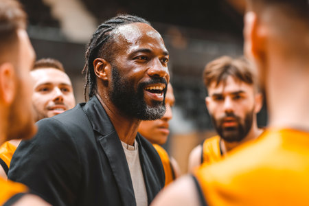 A coach passionately motivates his basketball team during an intense timeout, inspiring confidence and focus. The team listens intently, ready to make their next move.の素材