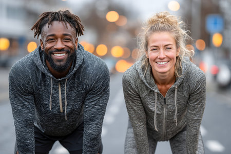 Two friends are stretching their quads together post-run on a city street with soft lights in the background, enjoying their workout and each other's company.の素材