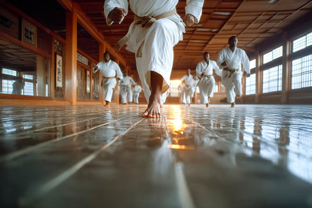Students in a traditional dojo practice their karate kicks. The training area has wooden floors and a calm atmosphere, enhancing their focus on the activity.の素材