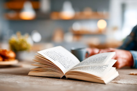 A person reads a leadership book while seated in a warm kitchen, enjoying a moment of quiet reflection with a cup nearby and baked goods on the table.の素材