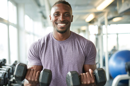 A man raises dumbbells in a gym filled with equipment. He is smiling, showing his strength and enjoyment of working out. The environment is bright and lively.の素材