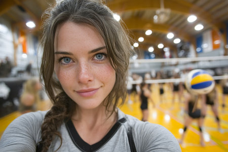 In an indoor gym, a girl focuses on serving a volleyball while others practice in the background. The lively atmosphere showcases teamwork and skill.の素材