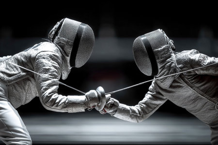 Two teens face off in a competitive foil fencing bout, demonstrating focus and skill in a thrilling sports environment. The atmosphere is charged with energy.の素材