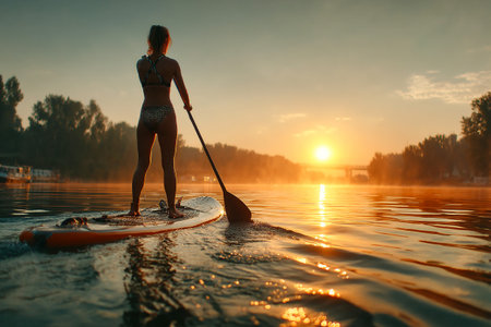 A woman paddleboards quietly on calm waters as the sun sets, casting warm hues over the lake and creating a peaceful atmosphere.の素材