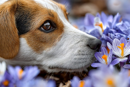 A friendly dog is lying in a park surrounded by blooming flowers, sniffing the vibrant purple blooms on a bright spring day, showing the joy of the season.の素材