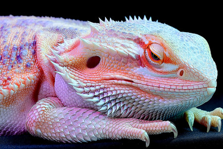 A colorful dragon relaxes under a UV lamp, enjoying the warmth in its secure pet habitat. The vibrant scales shimmer as it rests peacefully.の素材
