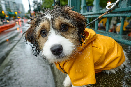 A small dog wearing a bright yellow raincoat walks along a wet sidewalk during rain. The dog looks curious and alert, enjoying the weather despite the drizzle.の素材