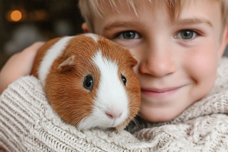 A child holds a smiling pig close while sitting in a sunny room, radiating happiness and warmth. The scene captures a moment of joy and innocence.の素材