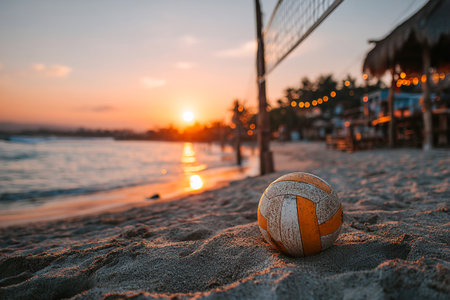 Players are enjoying a friendly tennis match on a sandy beach during golden hour, with vibrant colors of the sky reflecting on the water.の素材