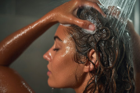 A woman applies a hair mask in the shower, enjoying the warm water as it flows down her hair. The scene shows a relaxed moment focused on hair care.の素材