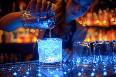 A talented bartender prepares a colorful cocktail, pouring a sparkling mixture into a glass filled with ice while illuminated by blue lights in a busy bar.の素材
