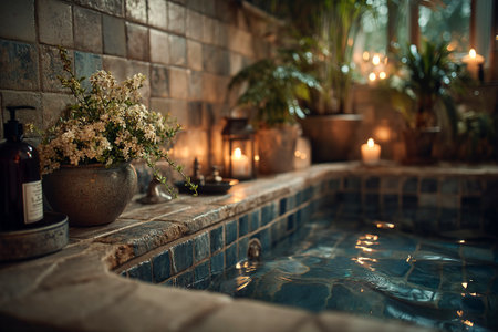 Soft candlelight fills the bathroom as flowers decorate the space. The warm glow sets a calming atmosphere for a soothing nighttime routine by the spa-like tub.の素材