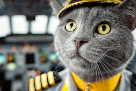 A gray cat dressed as a flight attendant stands proudly in the airplane aisle. The cozy cabin setting is filled with travelers enjoying their flight.の素材