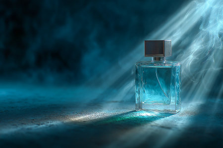 An atomizer releases a fine mist from a glass bottle. The scene is illuminated by soft light, creating an atmospheric effect with swirling vapor around the bottle.の素材
