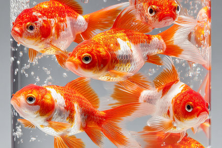 Colorful goldfish are swimming in a clear tank where the filter creates bubbles. The aquatic scene is lively with clear water and vibrant fish in motion.の素材