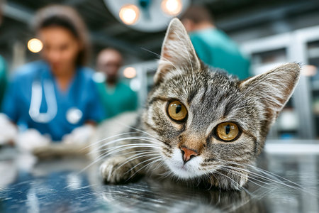 In a clean veterinary clinic, an assistant gently trims the claws of a relaxed cat while the veterinarian and team assist in the background.の素材
