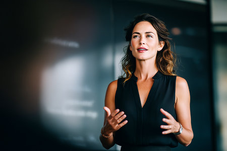 A CEO delivers an engaging presentation in a modern boardroom, explaining key strategies and company goals while interacting with attentive audience members.の素材
