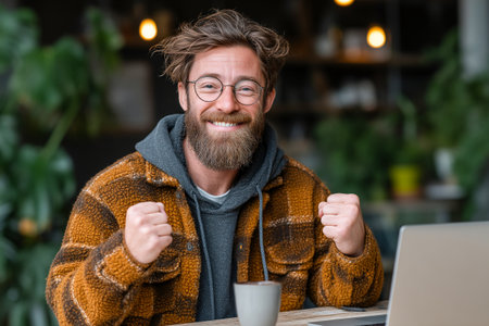 A joyful freelancer smiles and raises his hands in triumph while sitting at a well-lit workspace with a laptop and a coffee cup, expressing excitement and achievement.の素材