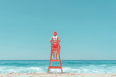 A lifeguard stands on a tall chair, scanning the beach and ocean. The sun shines brightly, creating a vibrant atmosphere with gentle waves rolling onto the shore.の素材
