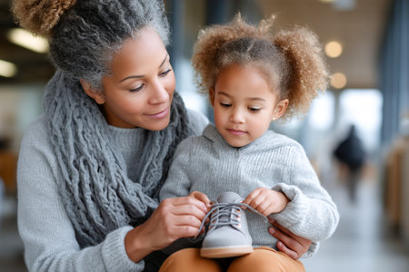 A caring adult helps a young girl tie her shoes before school. The warm and cozy indoor space creates a comfortable morning atmosphere.の素材