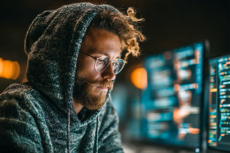 A coder focuses with curly hair and glasses intently on multiple screens displaying code in a dimly lit room, showcasing expertise in programming tasks.の素材