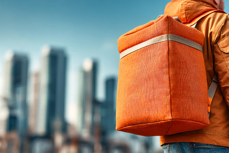 A person walks through a city with a bright orange insulated food bag slung over their shoulder. The skyline features tall buildings under a clear blue sky.の素材