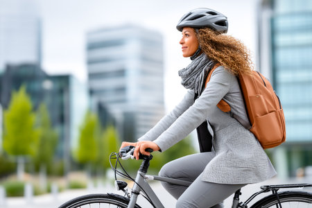 A person rides a bicycle to work, dressed in business attire with a backpack. The scene features tall modern buildings in an urban environment on a cloudy day.の素材