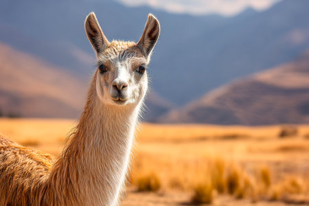 A llama stands proudly in a sunny field, gazing at the viewer with a playful expression. The backdrop features golden grass and distant mountains under a clear sky.の素材