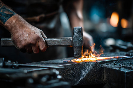 A skilled artisan works in a forge, using a hammer to shape glowing metal. The scene is illuminated by the warm glow of fire, creating a dramatic atmosphere.の素材