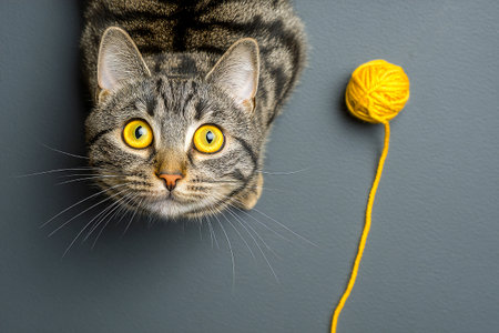 A curious cat leans forward, watching a ball of yellow yarn on a simple gray background, showing its playful nature in a calm setting.の素材
