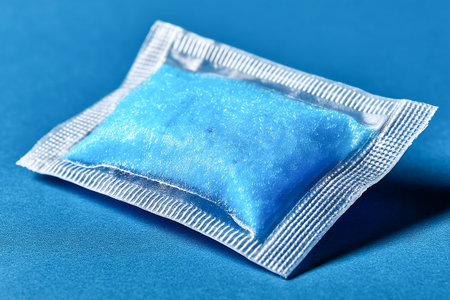 Close-up view of a gel patch wrapped in clear packaging, showing a bright blue substance inside against a blue background. Ideal for beauty and wellness ads.の素材