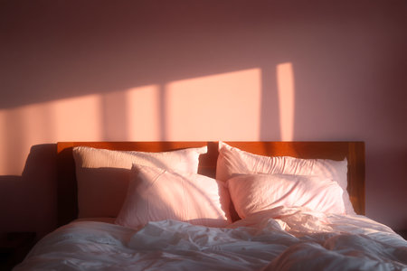 Soft morning light spills across an unmade bed, casting warm shadows on the pastel walls. The scene evokes a peaceful and calm start to the day.の素材