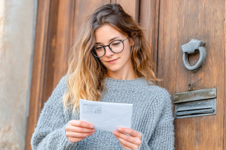A woman stands at her front door, wearing a cozy sweater and glasses, as she joyfully reads her mail. The setting is relaxed and warm, perfect for a leisurely moment.の素材