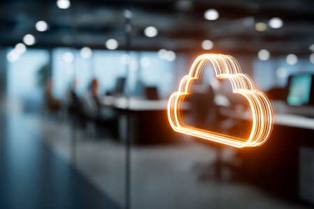 Team members are engaged in a collaborative effort in a contemporary office space, utilizing cloud technology solutions for effective communication and innovation.の素材